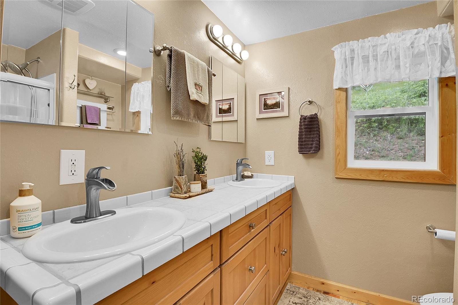 11182 Barney Gulch Road Conifer, CO 80433 - Photo 20 of 50 a bathroom with a sink and a mirror