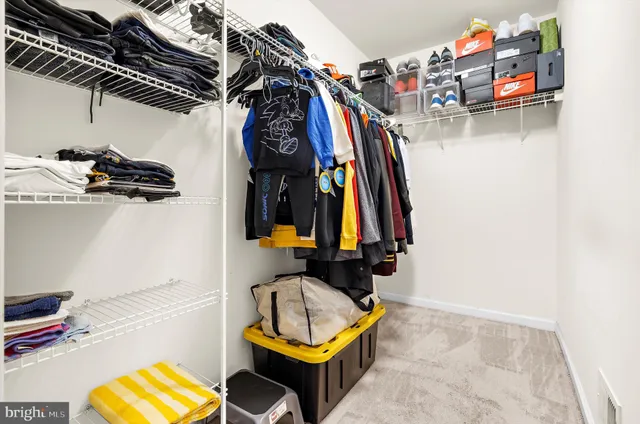 a view of walk in closet with clothes and shoes