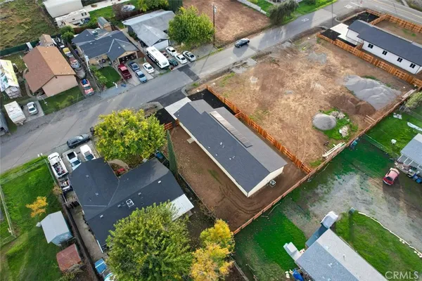 an aerial view of a backyard