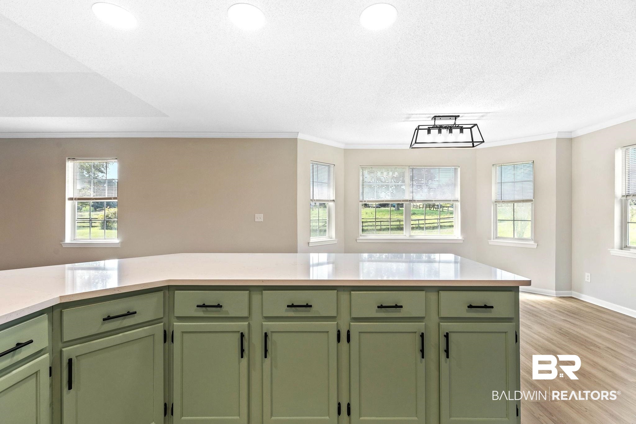 35650 Spring Road North Stapleton, AL 36578 - Photo 16 of 70 Kitchen with green cabinetry, plenty of natural light, ornamental molding, light wood finished floors, and a textured ceiling
