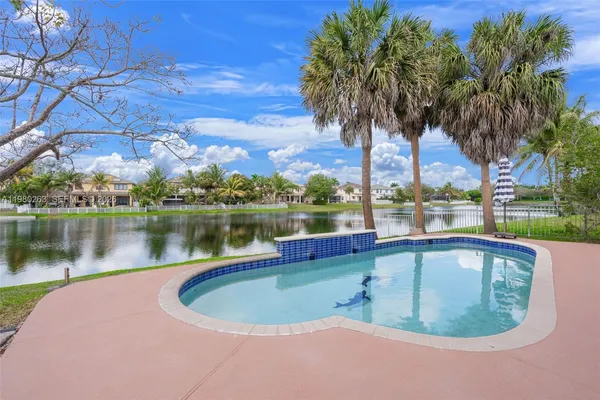 a view of a swimming pool and lake view