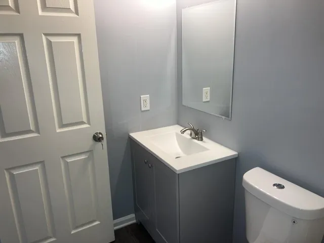 a bathroom with a sink a toilet and a mirror