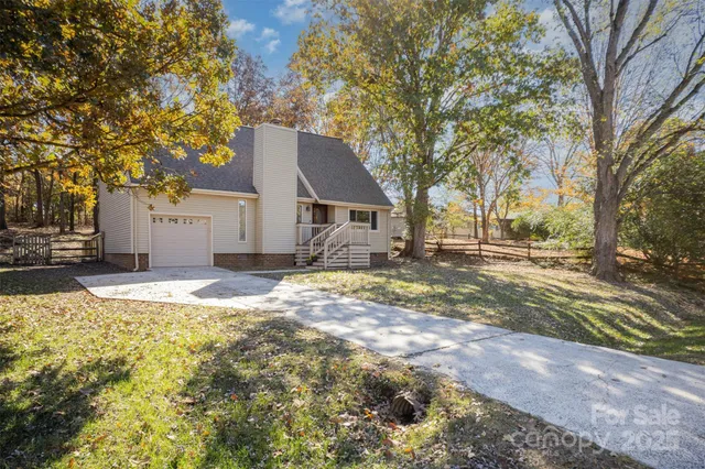 a view of a yard with a large tree