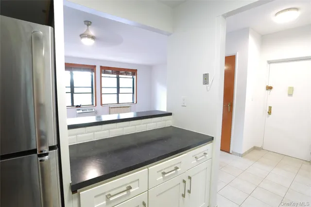 a view of a kitchen cabinets and a refrigerator