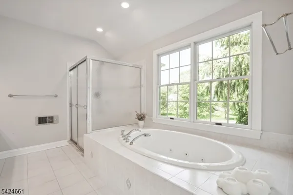 a bathroom with a bathtub and shower