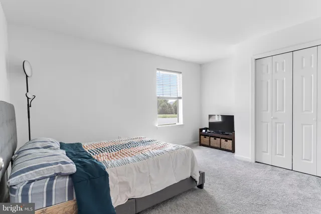 a bedroom with a bed and a closet