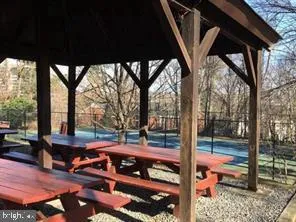 a backyard of a house with lawn chairs and wooden fence