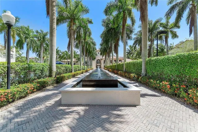 a view of a garden with a potted plants and palm trees