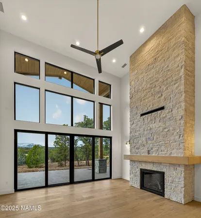 a living room with a fireplace