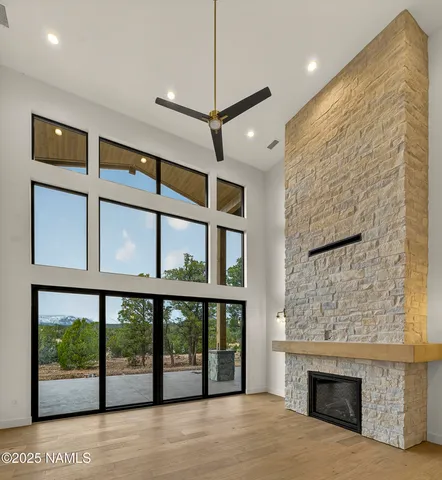 a living room with a fireplace
