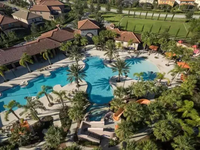 a view of a swimming pool with a fountain and palm trees