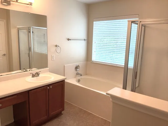 a bathroom with a tub sink and mirror