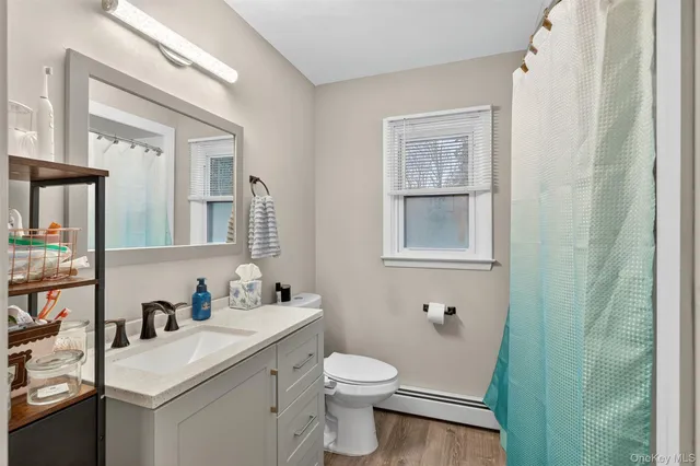 a bathroom with a sink vanity mirror and toilet
