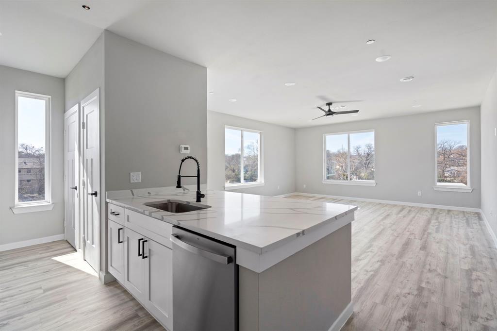 948 South Corinth St Road, Unit 11 Dallas, TX 75215 - Photo 12 of 28 Kitchen featuring stainless steel dishwasher, light stone counters, light wood-style floors, and healthy amount of natural light