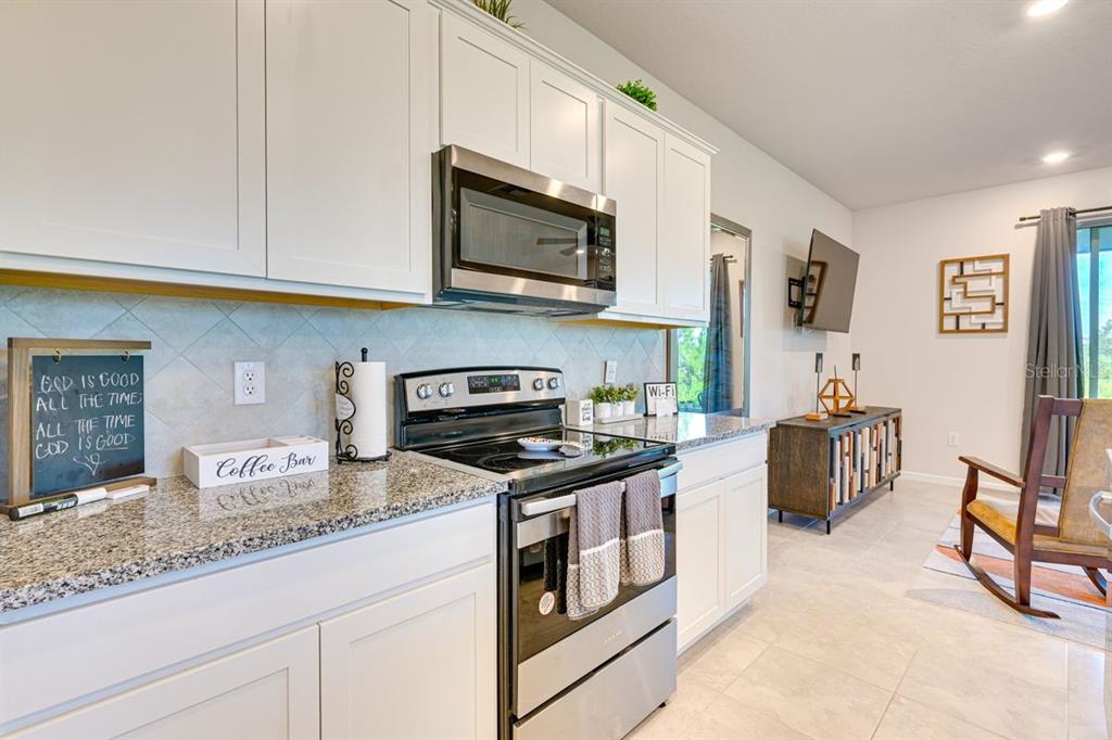 5443 Elmview Crossing Wesley Chapel, FL 33545 - Photo 11 of 41 a kitchen with stainless steel appliances granite countertop a stove a sink and a microwave