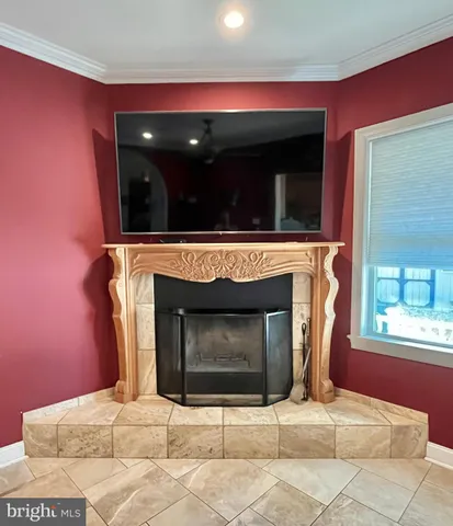 a living room with a fireplace
