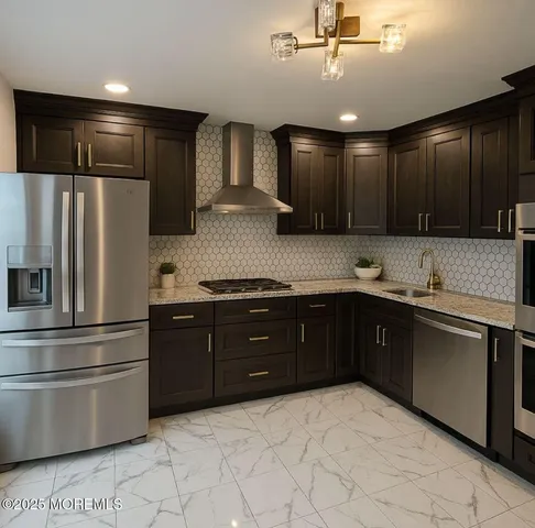 a kitchen with a refrigerator and a sink