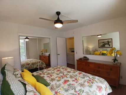 a bedroom with a bed and a dresser in it