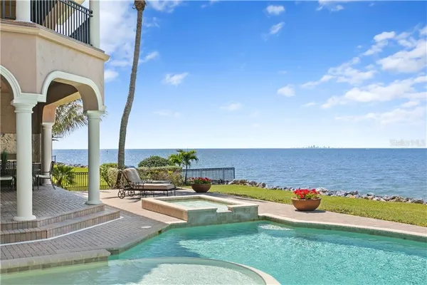 a view of a swimming pool with a yard