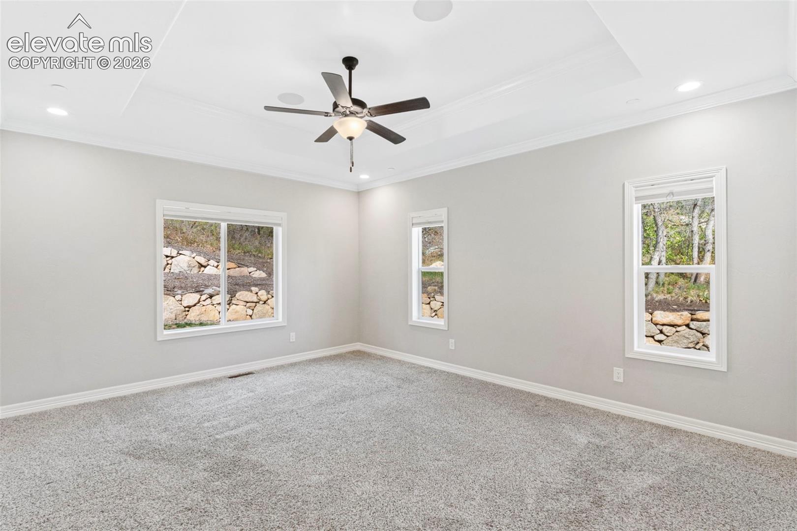5375 Old Star Ranch View Colorado Springs, CO 80906 - Photo 23 of 47 Expansive room featuring light gray carpeting, neutral wall finishes, and a tray ceiling with recessed lighting