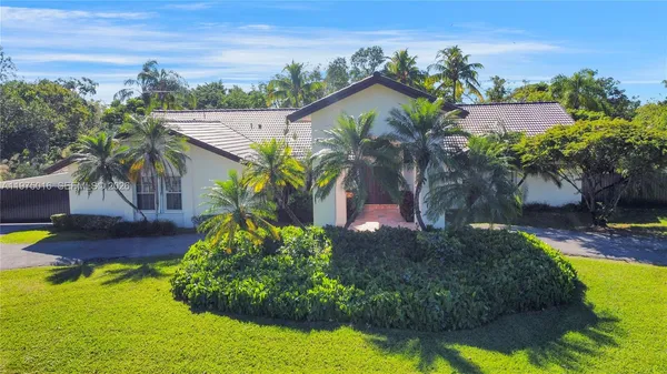 a view of a backyard with plants and a patio