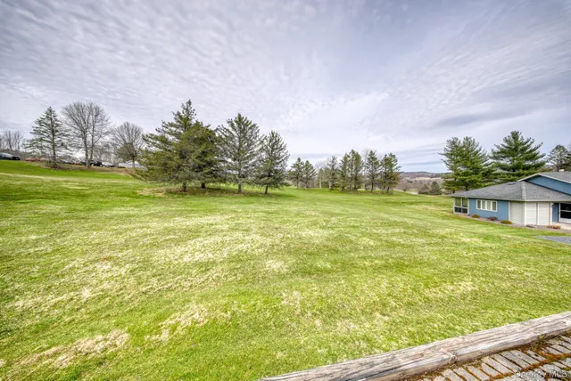 a view of yard with swimming pool and trees in the background