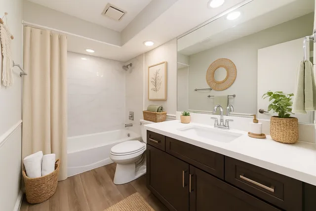 a bathroom with a double vanity sink mirror and toilet