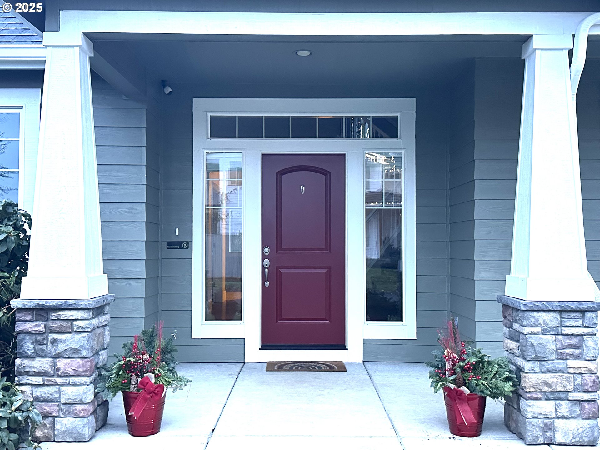 a front view of a house with potted plants