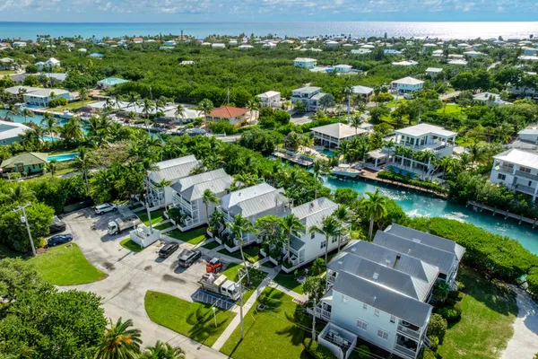 an aerial view of residential houses with outdoor space and trees