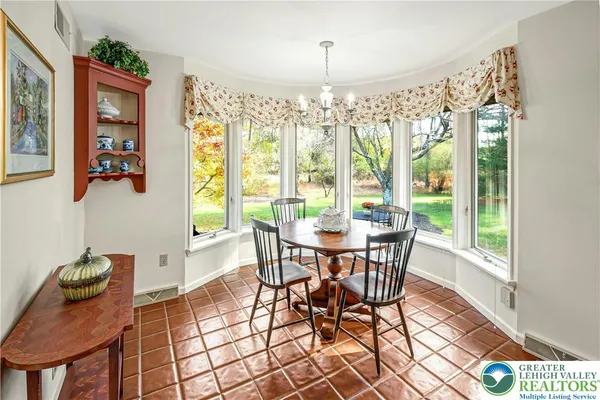 a view of a dining room with furniture window and outside view