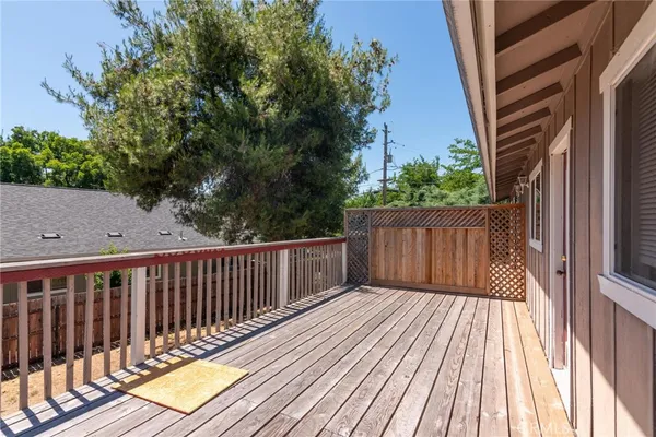 a backyard of a house with a large tree
