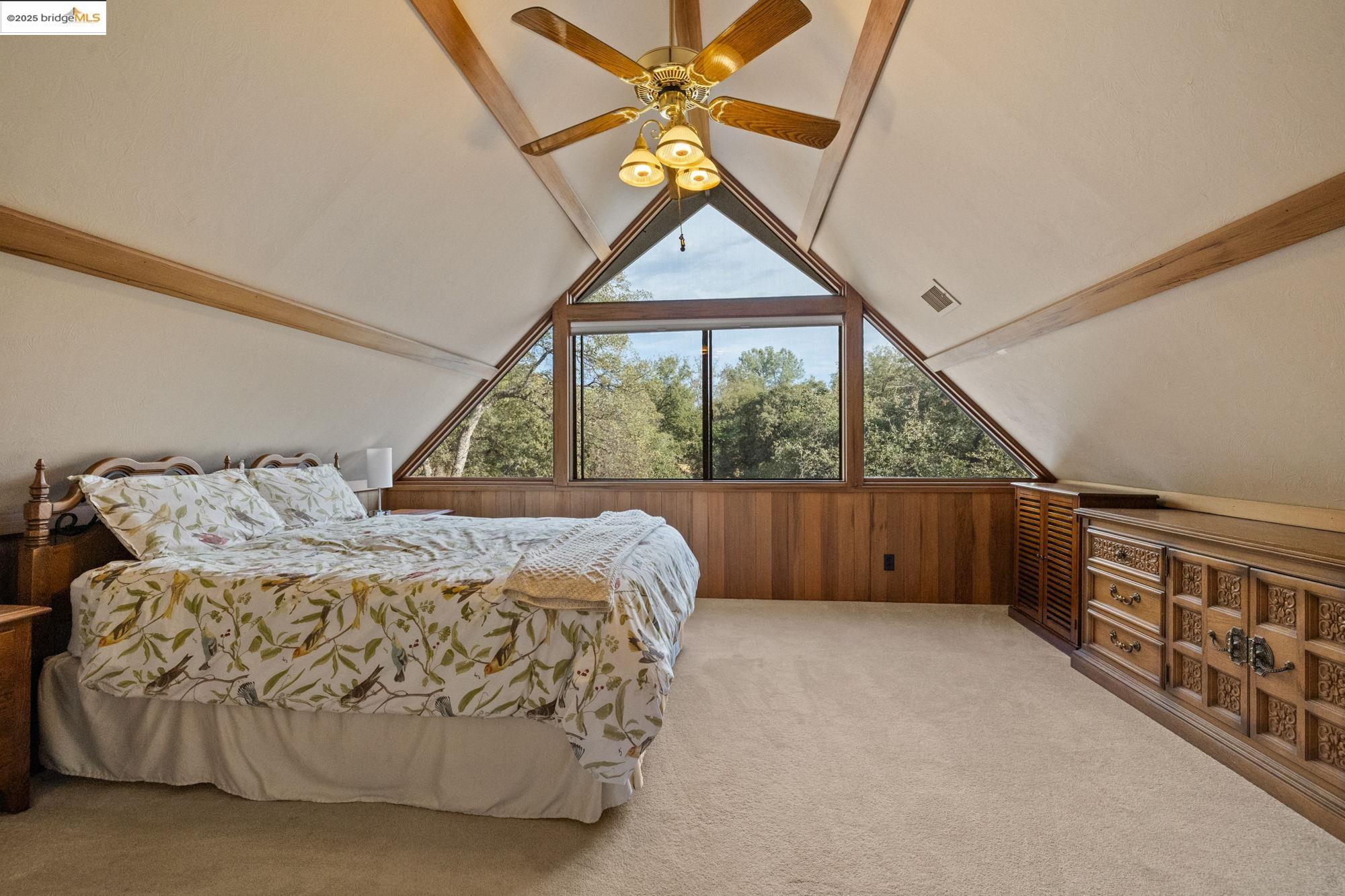 10566 Thistle Down Road Jamestown, CA 95327 - Photo 26 of 53 Bedroom featuring carpet floors, wooden walls, and a ceiling fan