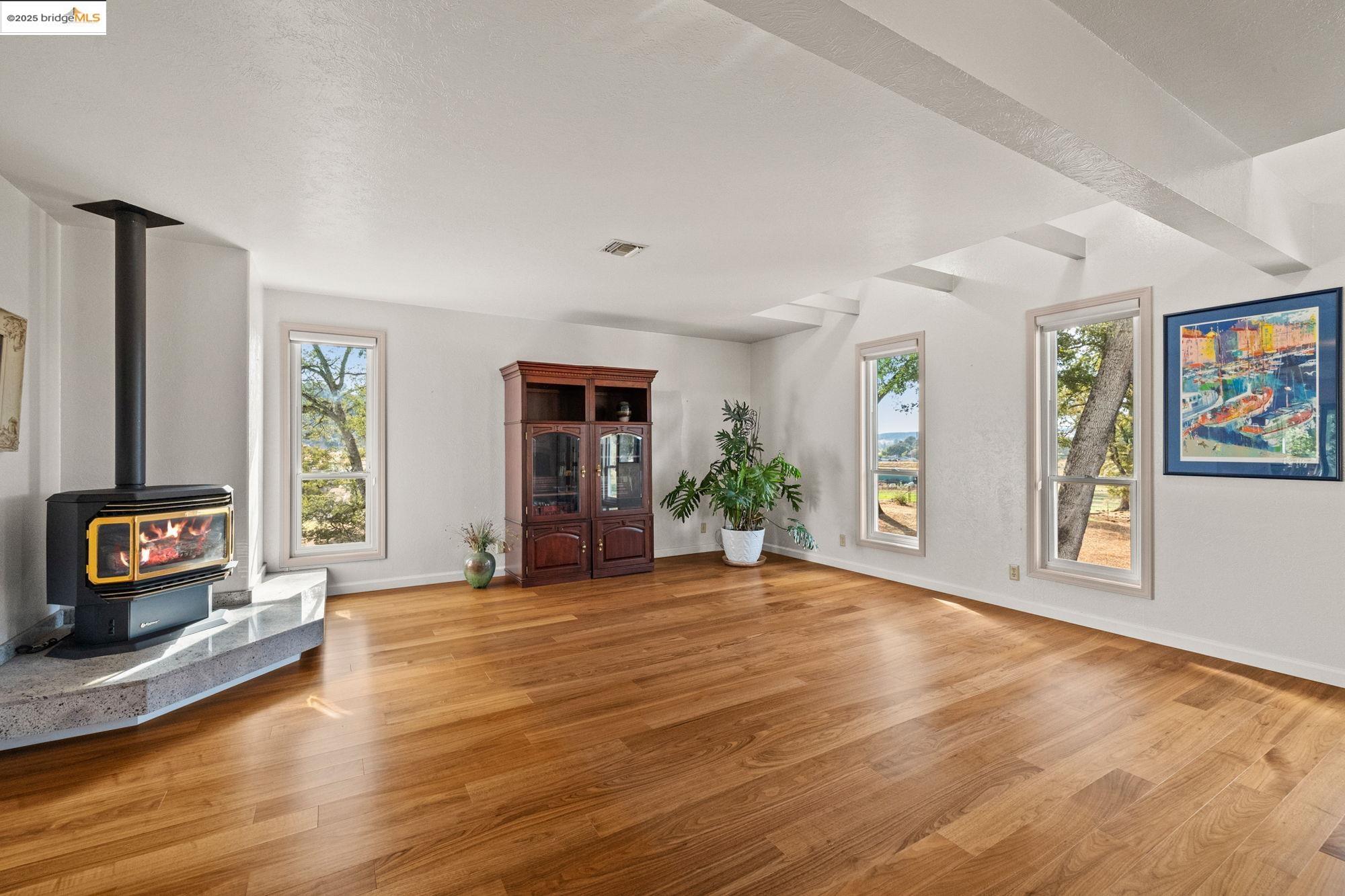10566 Thistle Down Road Jamestown, CA 95327 - Photo 9 of 53 Unfurnished living room featuring a wood stove, light wood-type flooring, and plenty of natural light