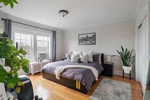 a bedroom with a large bed and a potted plant