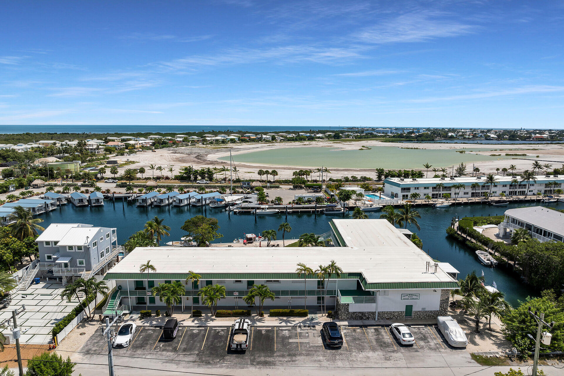 a view of a lake with sitting area