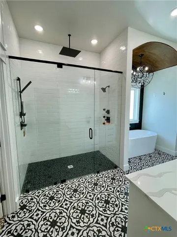 a bathroom with a sink and a shower