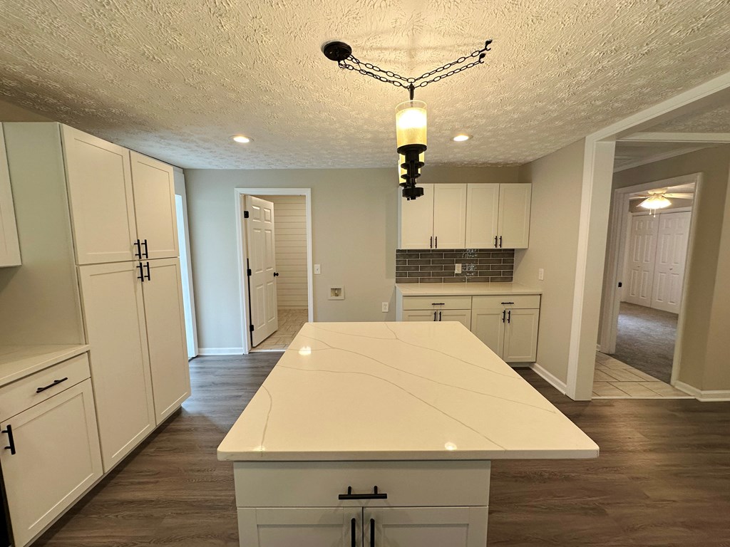 558 Macedonia Road Newnan, GA 30263 - Photo 21 of 44 a large kitchen with kitchen island a refrigerator a stove a sink and white cabinets