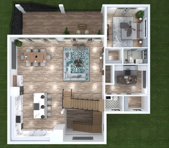 a kitchen with stainless steel appliances granite countertop a refrigerator a sink dishwasher a stove and white countertops with wooden floor