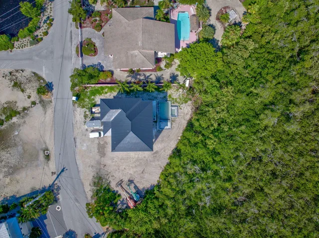 an aerial view of a house with a yard and large trees