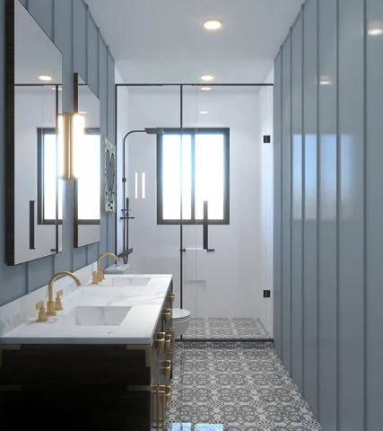 a bedroom with a bed mirror and window