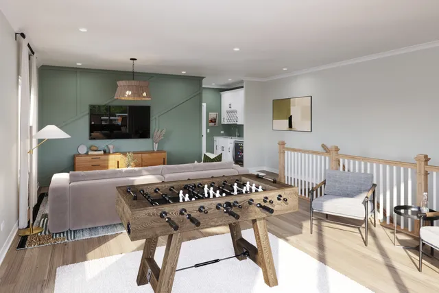 a view of a dining room with furniture