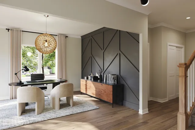 a view of a hallway with furniture and windows