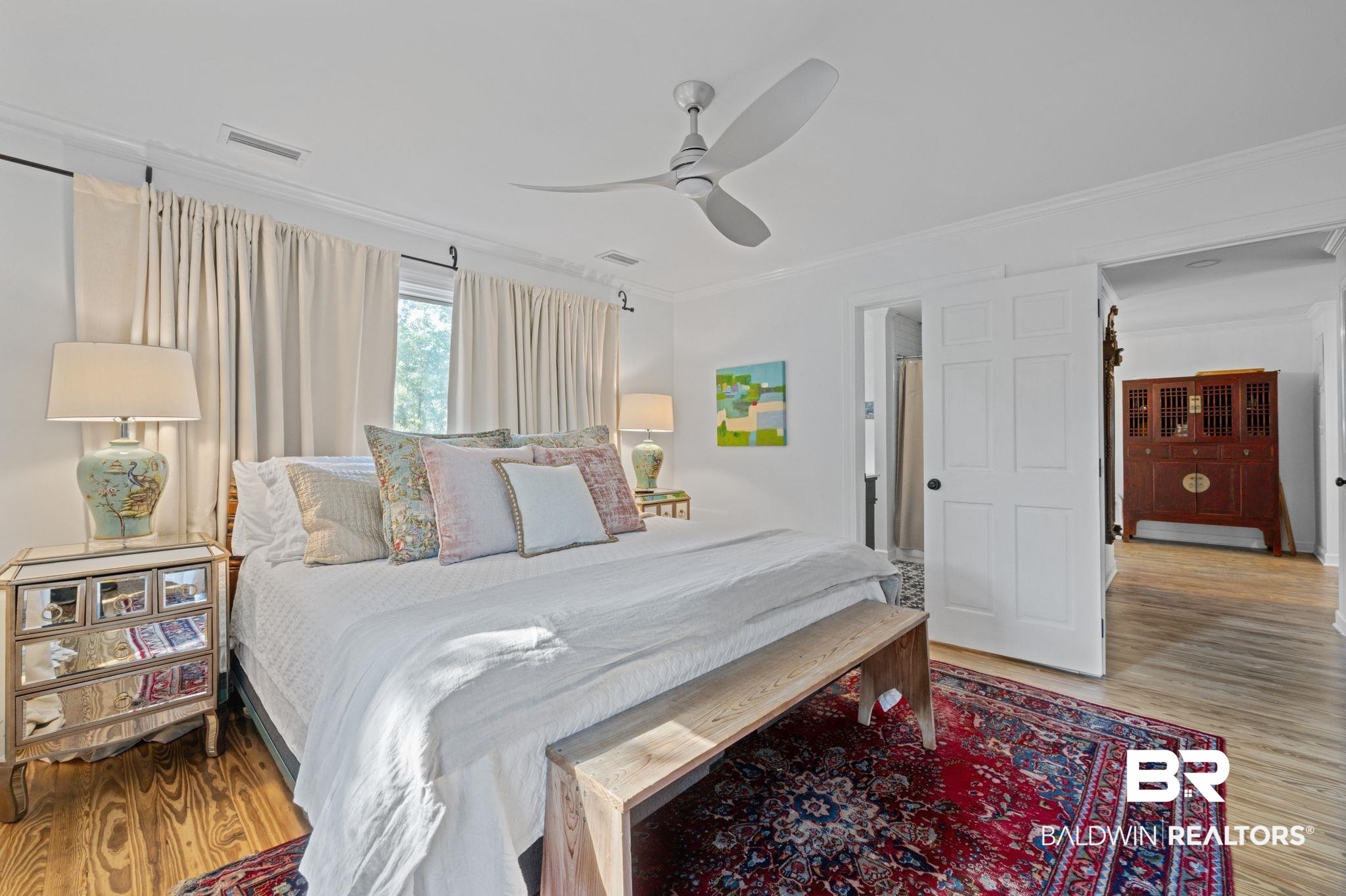 7646 Spring Branch Road Elberta, AL 36530 - Photo 25 of 85 Bedroom featuring light wood-type flooring, ornamental molding, and ceiling fan