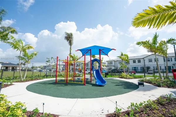 a view of a park with slide