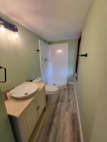 a bathroom with a sink a toilet and shower