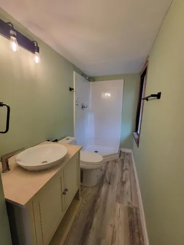 a bathroom with a sink a toilet and shower