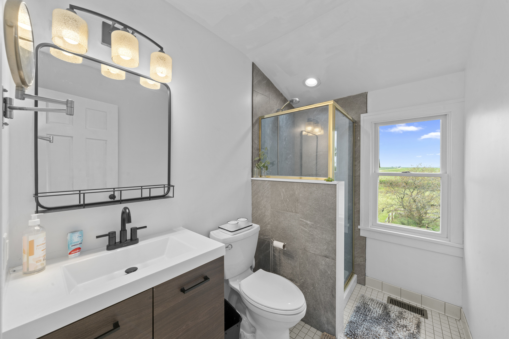 3705 Elva Road Malta, IL 60150 - Photo 24 of 42 a bathroom with a toilet a sink a mirror a vanity and shower