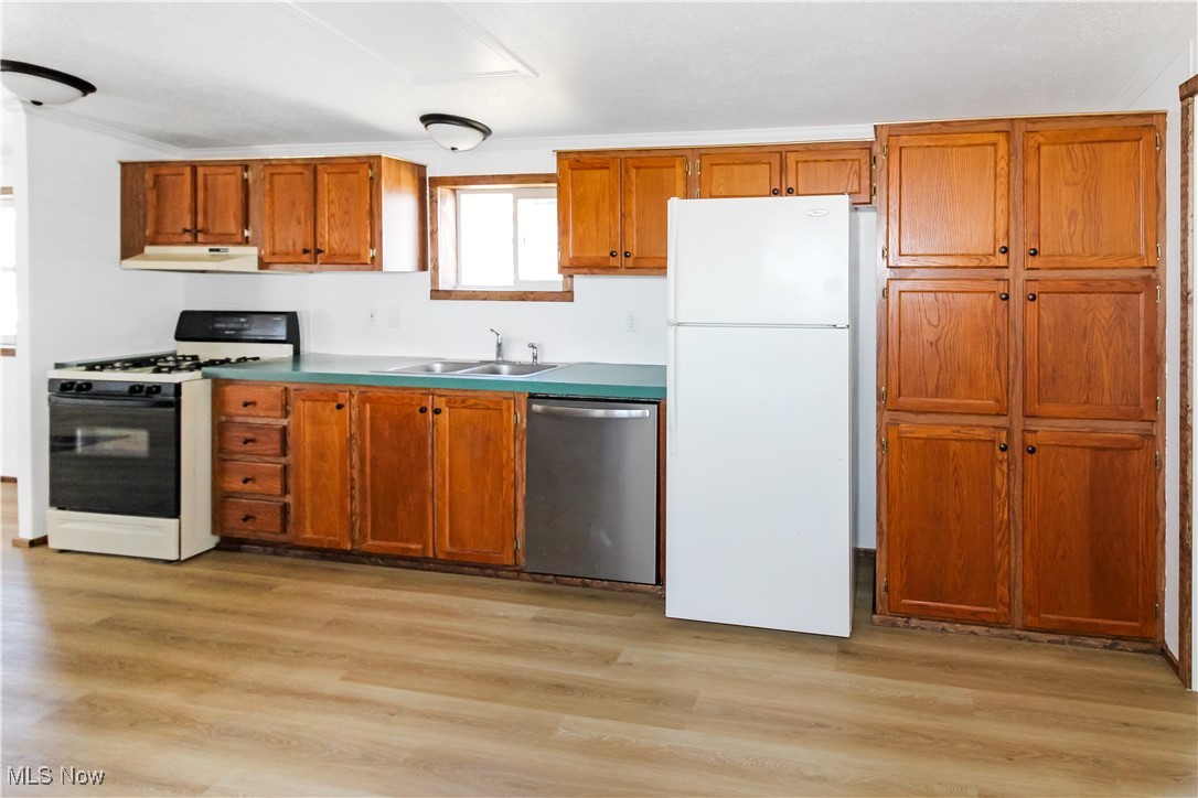 265 Meachem Road, Unit 41 Port Clinton, OH 43452 - Photo 18 of 33 Kitchen with a sink, freestanding refrigerator, stainless steel dishwasher, under cabinet range hood, and range with gas cooktop