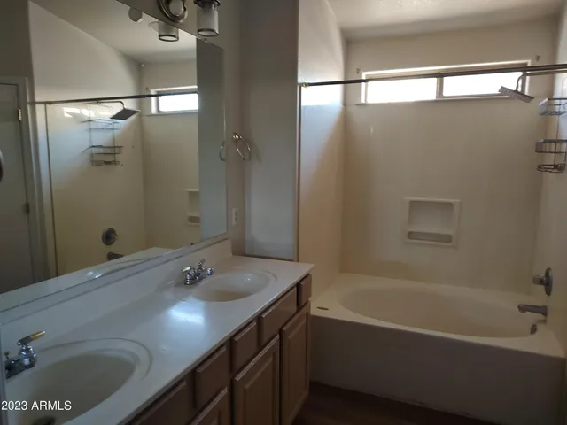 a bathroom with a sink double vanity and a bathtub