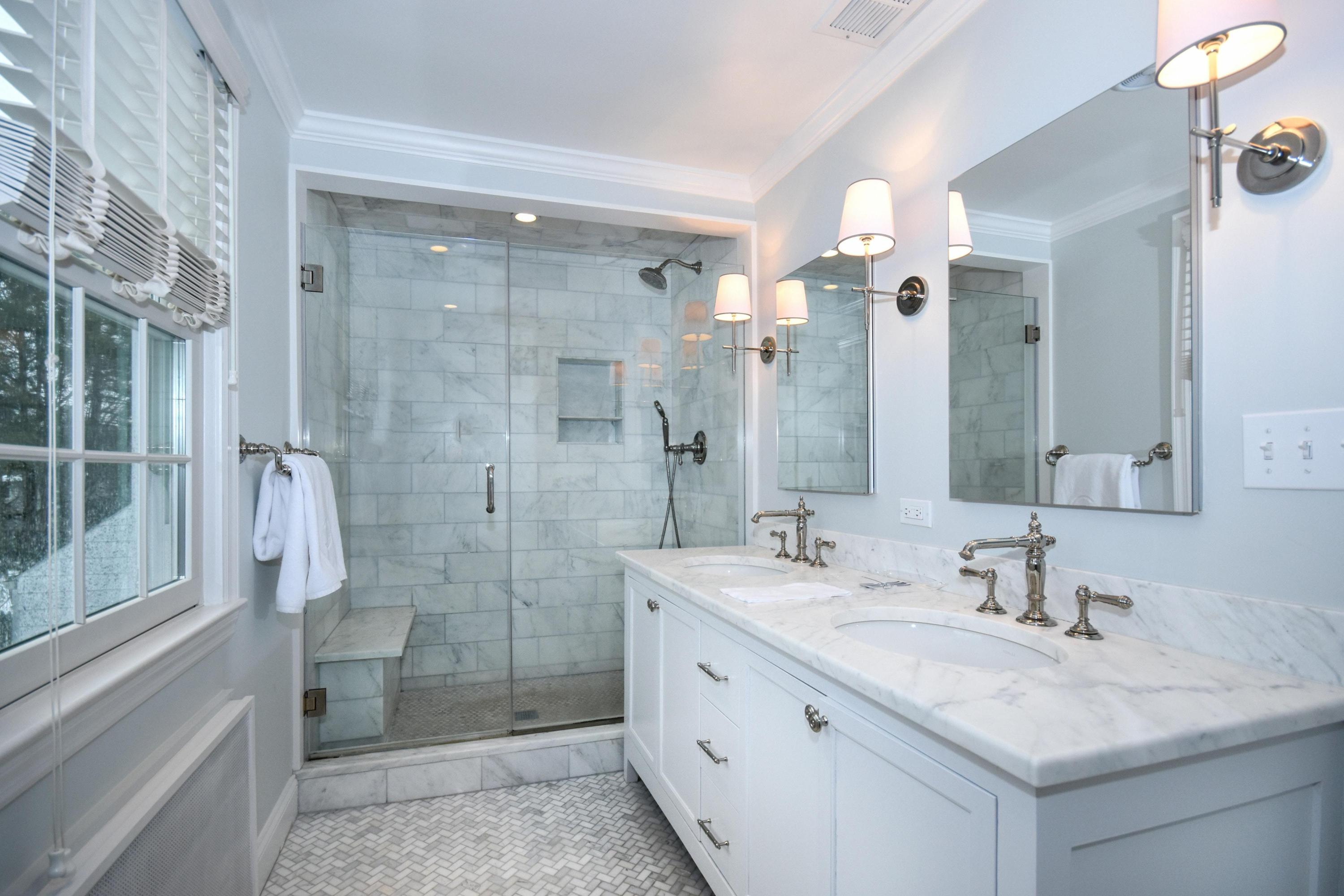 17 Abbey Road Darien, CT 06820 - Photo 14 of 24 a bathroom with a granite countertop sink mirror and double